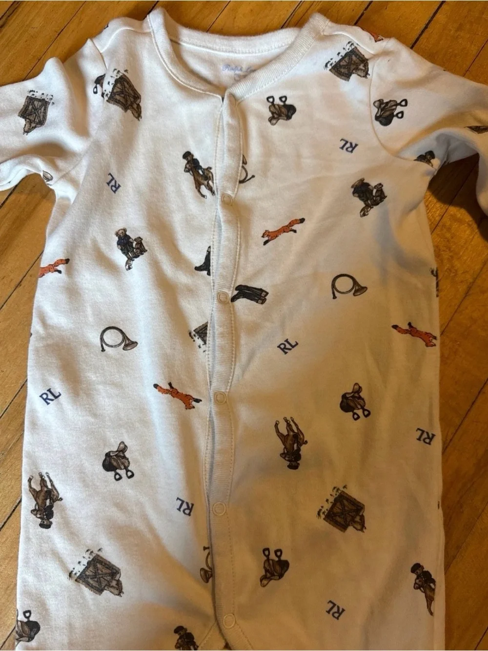 Ralph Lauren White Baby Footed One-Piece with Polo & Pony Prints